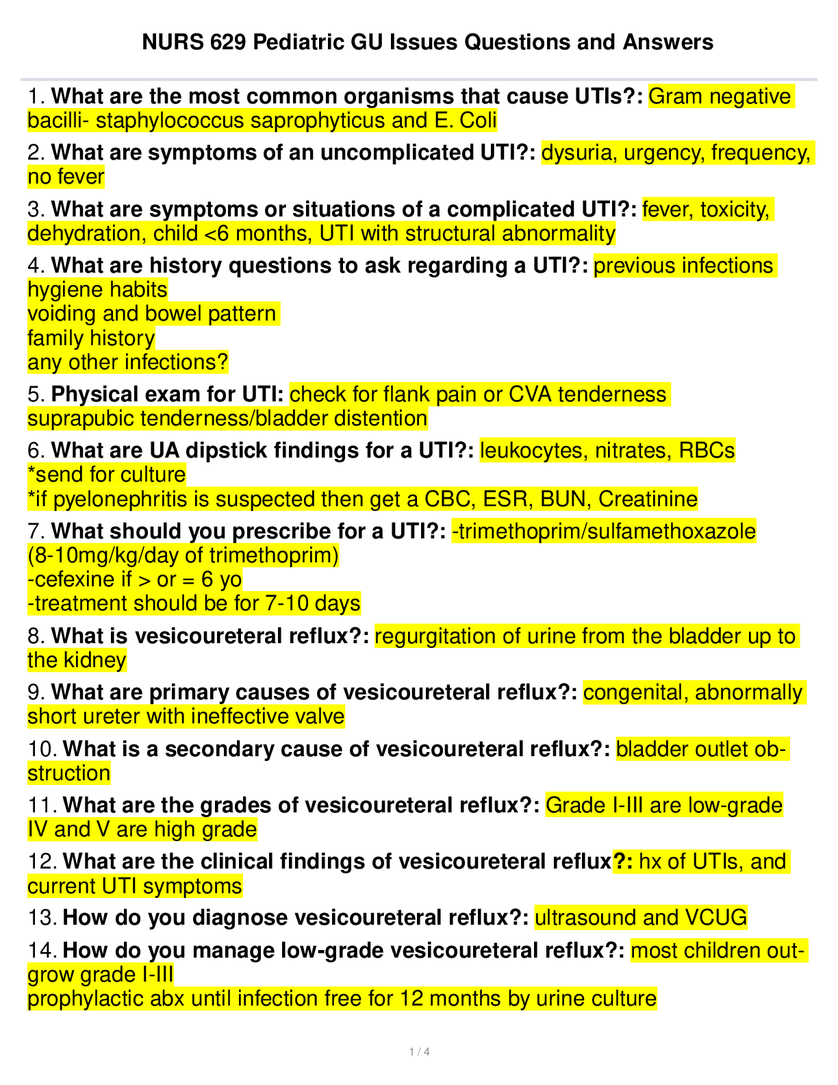 Preview image of NURS 629 Pediatric GU Issues Questions with complete solutions (MVU) document